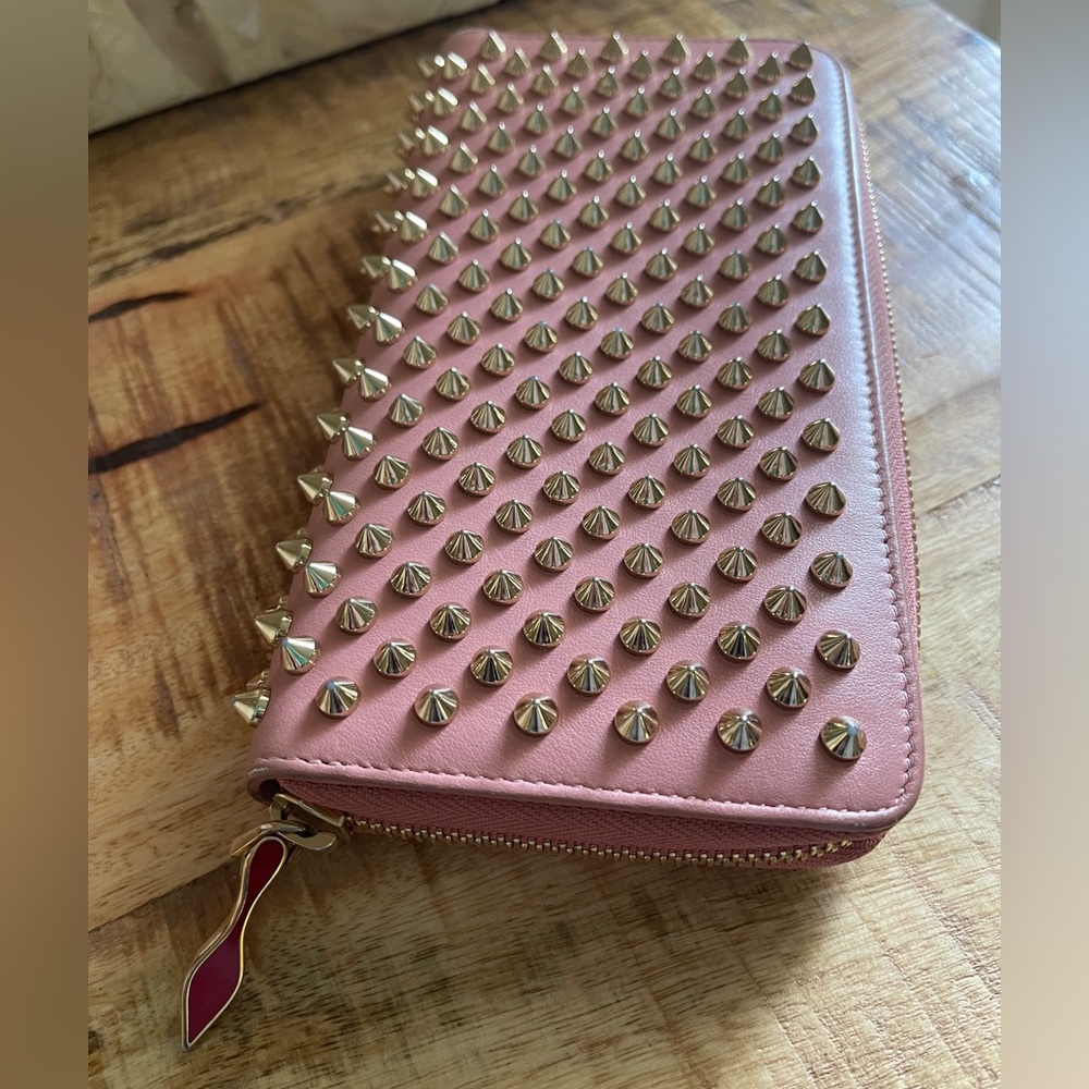 CHRISTIAN LOUBOUTIN zippy long wallet gold panettone spikes rose pink leather - Picture 3 of 14
